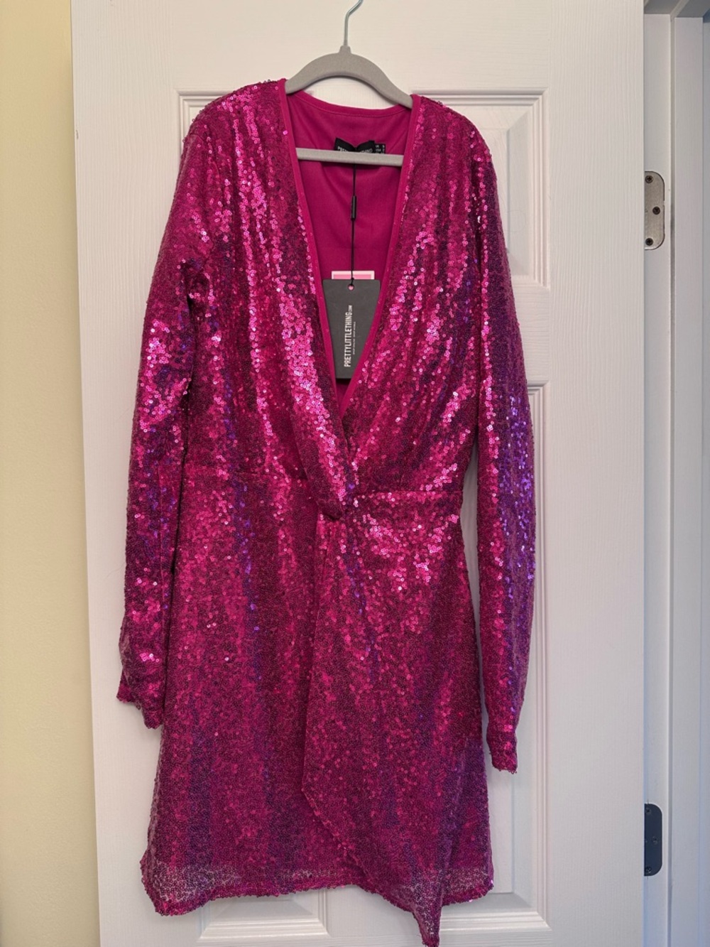 PrettyLittleThing Hot Pink Sequin Long Sleeve Mini Dress - Picture 2 of 8